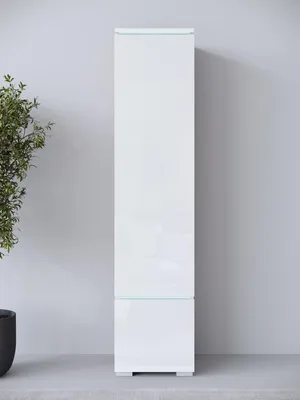 Zdjęcie produktu dla MINIO go for it, VEVE 01, szafka wysoka z oświetleniem LED, szafka wisząca lub regał stojący, nowoczesna wąska szafka 130 cm, kolor biały / biały z połyskiem