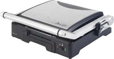 A close-up, angled view of a closed electric grill.