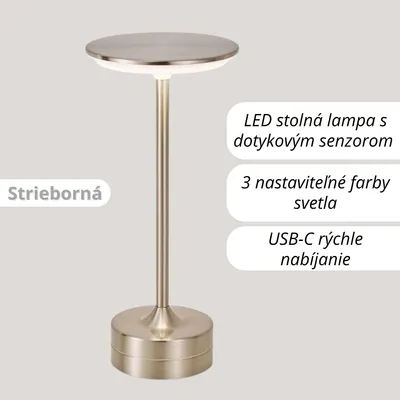 Obrázok produktu pre LED stolná lampa s dotykovým senzorom – 3 úrovne farby svetla, stlmiteľná – USB nabíjateľná & bezdrôtová – Moderná nočná lampa – Strieborná