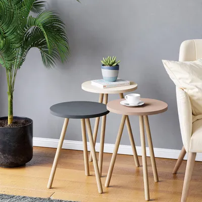 Produktbild von Carenza Home 3er Beistelltisch Set Rund Anthrazit Creme Beige Massivholzbeine Ø34cm Satztisch Sofatisch Couchtisch 7 Farben