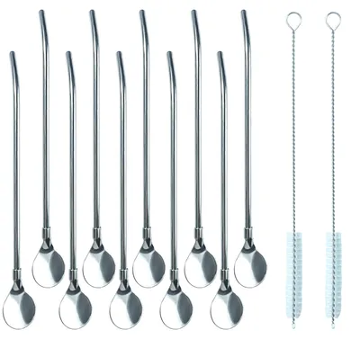 10er Set Edelstahl-Löffelhalme 21 cm mit 2 Reinigungsbürsten