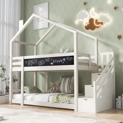 Produktbild von MODFU Multifunktions-Kinderbett 90 x 200 cm mit Kamin, Stauraum und Absturzsicherung, Kinder-Hochbett inkl. Holzplanken – 2 Lattenroste – weiß (Matratze nicht im Lieferumfang enthalten)