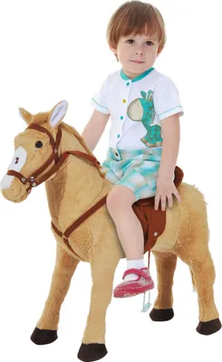 Produktbild von Reitpferd auf Rollen 60 cm Stehpferd mit Sattel, Zaumzeug Steigbügel Sound Spielpferd zum Reiten Draufsitzen Schaukeltier für Kinder ab 2 Jahre, Schaukelpferd Plüschpferd Indoor Outdoor Beige