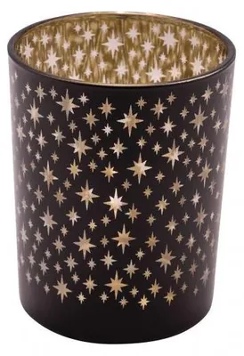 Produktbild von Glaswindlicht, mit Sternen, schwarz / gold Ø 8,7 cm / Höhe: 10 cm, handgefertigt, *Germany*