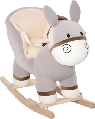 Image de HOMCOM Cheval à Bascule modèle âne Fonction Musicale Selle Grand Confort Peluche Courte Douce Bois peuplier Gris dim. 61L x 34l x 58H cm