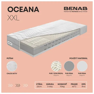 Obrázek produktu pro Pěnová matrace Benab Oceana XXL Matrace 85 x 195 cm H2 / H3 tvrdost 22 cm výška Pěnové matrace, PUR, 7 zón, Nopy, Profilace