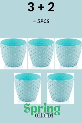 Imagen del producto de 5 macetas azules claras con desagüe y depósito para recoger el agua, aptas para interior y exterior - Diseño Cappadocia