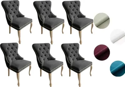 Produktbild von Chesterfield Stuhl MADAME 2 (6 Stück) – eleganter Polsterstuhl im Glamour-Stil, Samt Dunkelgrau, Holzbeine in hellem Rustikal-Finish, Komfortsitz
