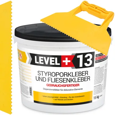 Zdjęcie produktu dla Zestaw dyspersyjny klej do płytek Dekoracyjnych i styropianu Level Plus 13 STYROPORKLEBER 15 kg + Szpachla Trójkątna