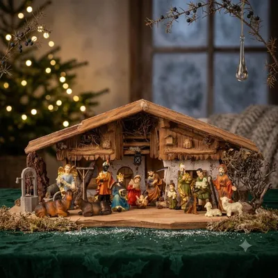 Image de Crèche de Noël détaillée Thun avec 17 figurines ETA 1, dimensions de la crèche : env. 70 x 30 x 29 cm