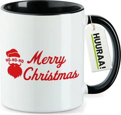Produktbild von Huuraa Kaffeetasse Ho Ho Ho Santa Merry Christmas 330ml Schwarz Keramik Kaffeebecher Geschenkidee