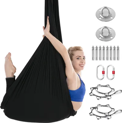 Produktbild von Aerial Yoga Hängematten-Set - Yoga Swing - Seidenähnlicher Stoff 5,03 m - Inversionstraining - Inkl. Karabiner & Daisy Chain - Fitness & Pilates - Grau