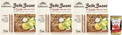 Produktbild von Galbusera BELLEBUONE, cracker mit 5 Getreide: Roggen, Hafer, geschrieben, Quinoa und Buchweizen, 3x 200g + Italian Gourmet polpa 400g
