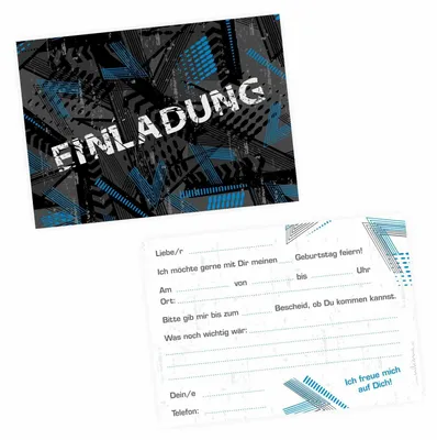 Produktbild von 10 coole Einladungskarten Trash blau schwarz inkl. 10 transparenten Briefumschlägen Kindergeburtstag Junge Teenager Einladung