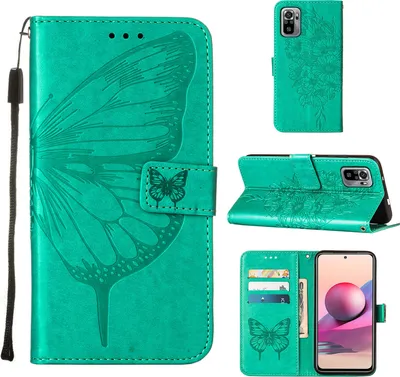 Produktbild von Redmi Note 10S Hülle, Schmetterling Prägung Flip Leder Kartenfächer Schutzhülle Ledertasche mit Ständer für Xiaomi Redmi Note 10S / Note 10 4G Grün