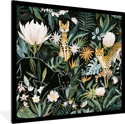 Produktbild von MuchoWow® MuchoWow® Gerahmtes Poster Dschungel - Panther - Leopard - Pflanzen 40x40 cm - Poster mit zchwarzem Bilderrahmen - Mit Rahmen - Wanddekoration Schlafzimmer