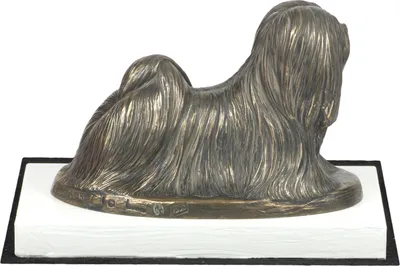 Produktbild von Lhasa Apso, Lhasaterrier, Löwenhund - Hundestatue, Figur auf weißem Sockel, Trophäe für die Art-Dog-Hundeaustellung.