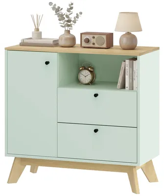 Produktbild von Wohnzimmer-Sideboard, Aufbewahrungsm?bel mit Tš¹r, 2 Schubladen, offenem Fach und verstellbarem Einlegeboden, hellgrš¹n und Eiche