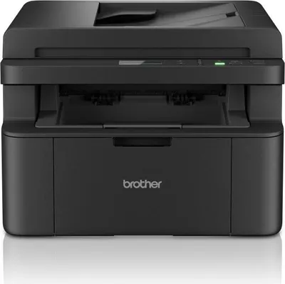 A black Brother multifunction printer is shown from the front on a white background.