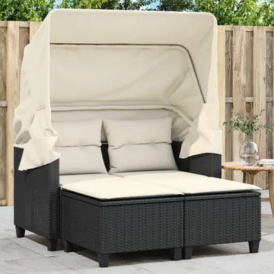 Produktbild von vidaXL Gartensofa 2-Sitzer mit Dach und Hockern Schwarz Poly Rattan