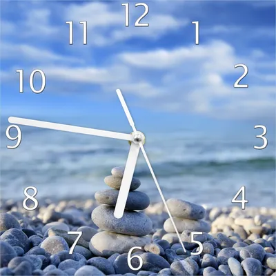 Produktbild von Wallario Design Wanduhr Steinstapel am Strand aus Echtglas, Größe 20 x 20 cm