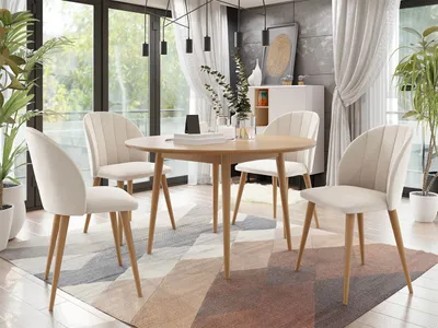 Obrázek produktu pro Kulatý jídelní stůl 100 cm se 4 židlemi NOWEN 1 - přírodní dřevo / béžový