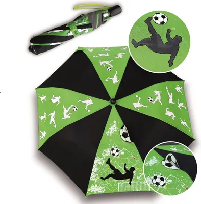 Produktbild von HECKBO Kinder Regenschirm Fussball für Jungen und Mädchen – Farbwechsel bei Regen – Taschenschirm - passt in jeden Schulranzen – Sturmfest - Holzgrif