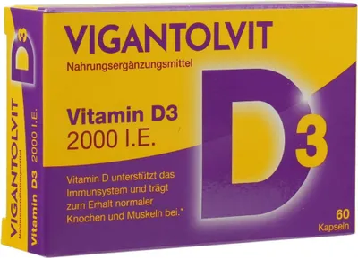 A product box for Vigantolvit Vitamin D3 capsules.