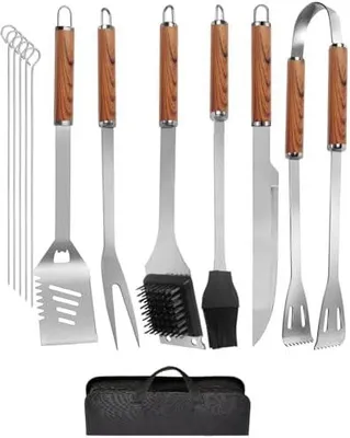 Produktbild von Grillbesteck Set, 12-teilige Edelstahl Grillzubehör Set mit Aufbewahrungskoffer, Langlebige BBQ-Tools für das Grillen im Freien, Camping, Professionelle Grillbesteck für Männer Frauen