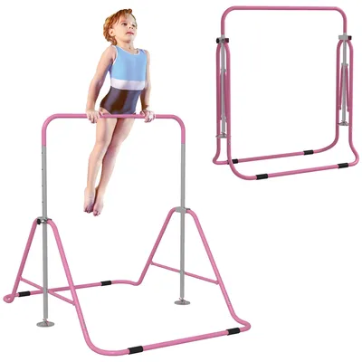 Obrázek produktu pro Skládací pevná gymnastická tyč HOMCOM pro děti – výškově nastavitelná od 88 do 128 cm – s trojúhelníkovou ocelovou základnou – růžová