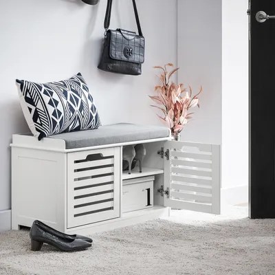 Produktbild von SoBuy FSR23-II-W Botník so sedadlom Lavica s úložným priestorom Lavica do predsiene Komoda na topánky Botník úzky Biela WD cca 71x43x35cm