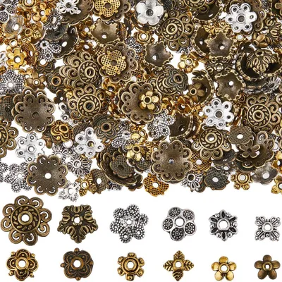 360 Blumen-Abstandskappen, 12 Stile, Tibeter-Legierung, 3 Farben