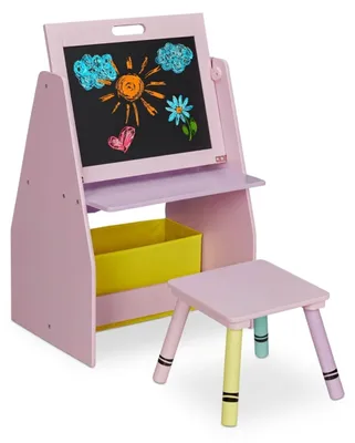 Immagine prodotto di Scaffale per bambini Relaxdays con lavagna, scaffale per giocattoli con 2 ripiani e contenitore in tessuto, LxPxA: 84x52x45 cm, lavagna con sgabello, rosa, Immagine generata dall'IA