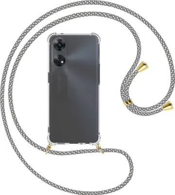 Produktbild von Handykette Backcover-Schutzhülle mit Band (Metall goldfarben) für Oppo Reno8 T 4G (CPH2481, 6.43'') - weiß/grau kariert