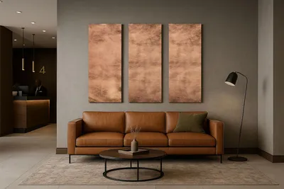 Image de CopperAndCraft Art mural cuivre Set de 3 Copper Storm 90x90 cm, Tableau mural en métal fait main, design patiné, décoration murale moderne et rustique, EU He