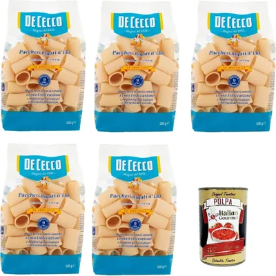 Produktbild von De Cecco Le Specialità Paccheri Rigati N°130, 100% Italienisch Pasta Nudeln 5x 500g + Italian Gourmet Polpa 400g