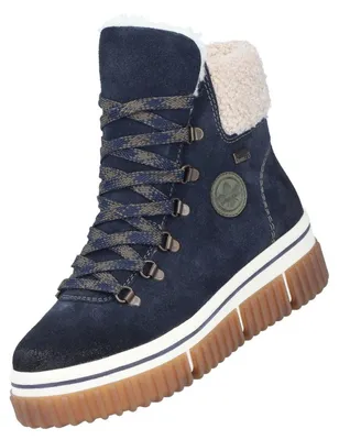 Auf dem Bild ist ein blauer Stiefel zu sehen der aus weichem Material besteht. Man sieht den Stiefel von der rechten Seite wobei die Sohle gut sichtbar ist.
