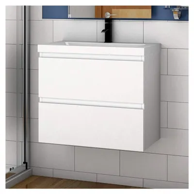 Produktbild von Waschtisch mit Unterschrank 50 cm Badmöbel Set mit Waschbecken aus Mineralguss für Gäste-WC in Weiß Matt