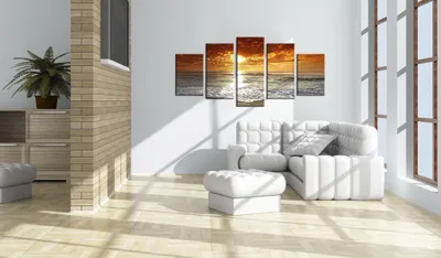 Produktbild von Akustikbild Meer Strand 200x100 cm Bilder Akustikschaum Hochleistungsschallabsorber Schallschutz Leinwand 5 tlg Wandbild Raumakustik Schalldämmung Sonnenuntergang See Natur orange 051401
