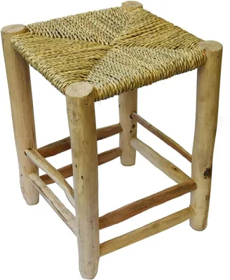 Produktbild von Scandi Stil Holzhocker Hocker Fußhocker massiv mit geflochtenen Palmenblättern