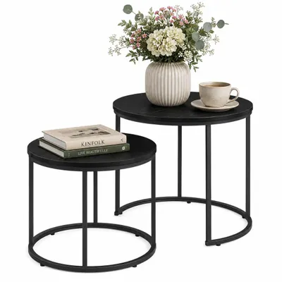 Produktbild von Fortena Couchtisch 2er Set Rund Schwarz Eiche Optik Metallgestell