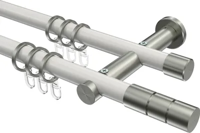 Produktbild von Interdeco Gardinenstange / Vorhangstange Weiß / Edelstahl-Optik, Typ Platon Elanto (Rillenzylinder), 20 mm Ø 2-läufig, 160 cm