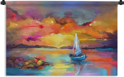 Produktbild von MuchoWow® Wandteppich Wandbehang Malerei - Ölfarbe - Boot - Farben 90x60 cm Tapisserie Dekoration Wandtuch - Wandskulpturen - Bildteppich