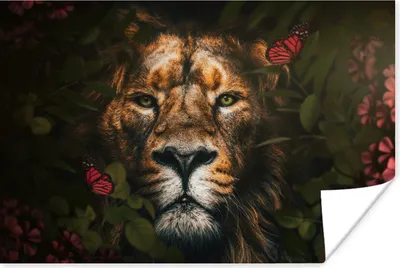 Produktbild von MuchoWow® Poster Dschungel - Löwe - Schmetterling - Blumen 60x40 cm - Schlafzimmerdekoration