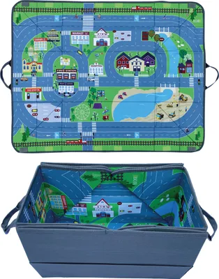 Produktbild von HECKBO 4-in-1 Auto Organizer und Spielteppich - Kinder Spielzeug-Aufbewahrungsbox - Faltbare Spielmatte mit Straßenmotiv - Sichere Befestigung im Auto