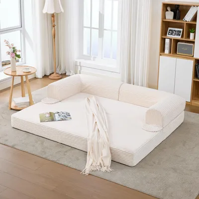 Produktbild von LVHOM 2-Sitzer Schlafsofa aus Cordstoff, 2-in-1 Klappsofa, Sofabett, faltbares Bodensofa mit Schlaffunktion, Gästebett 190×156 cm, bis 250 kg, Beige