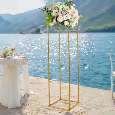 Produktbild von Hochzeit Blumenständer - Hoher Metallrahmen - Rundes Rohrgestell - 50x50x180 cm - Freistehende Dekosäule - Goldfarben