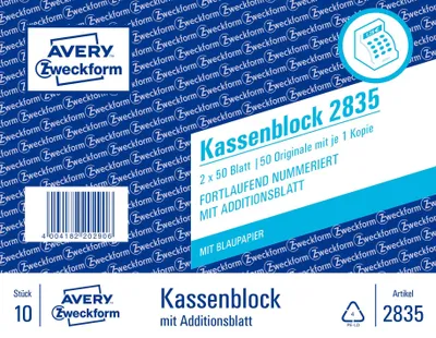 Obrázek produktu pro Avery Zweckreform 2835 Pokladní blok kompaktní blok postupně číslovaný 2 x 50 listů bílý(P)