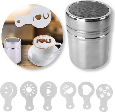 A collage of a coffee powder dispenser, stencils, and a decorated coffee cup.