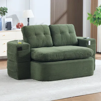 Produktbild von MODFU Relaxsofa mit Cordstoff, Modulares Sofa als 2-in-1 Loungesofa mit Liegefunktion, Doppel-Getränkehaltern & extra tiefer Sitzfläche,Smaragdgrün